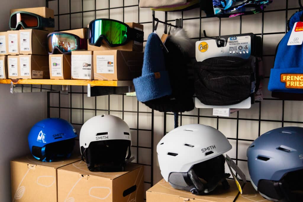 Helmet and goggle offerings at Berkshire Bike & Board's new satelite location at Bousquet MOuntain