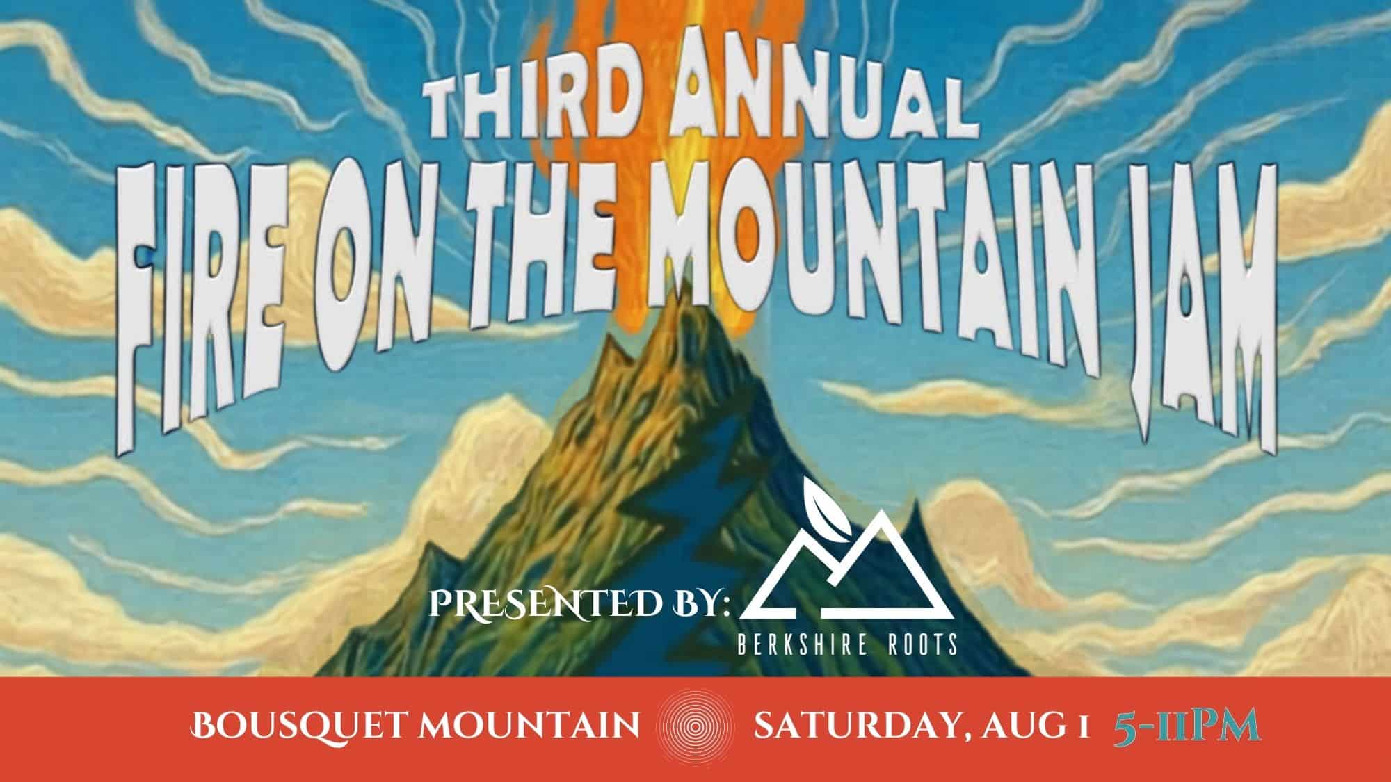 Poster advertising the Third Annual Ride on the Mountain with a mountain graphic and event details at Bousquet Mountain, presented by Berkshire Roots.
