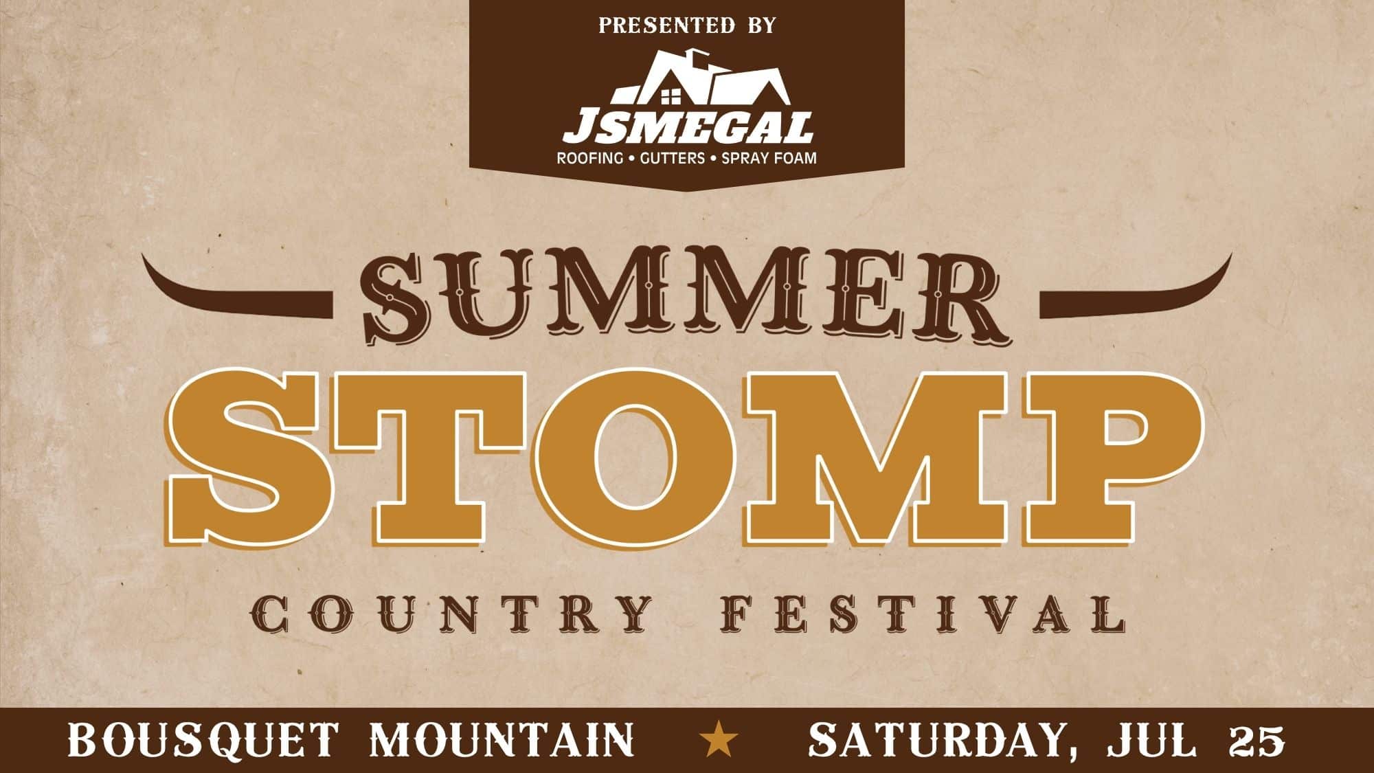 Vintage-style poster advertising a Summer Show country festival, presented by JSMEGAL, featuring large 'SUMMER SHOW' text and the date at Bouquet Mountain, Saturday, July 25.