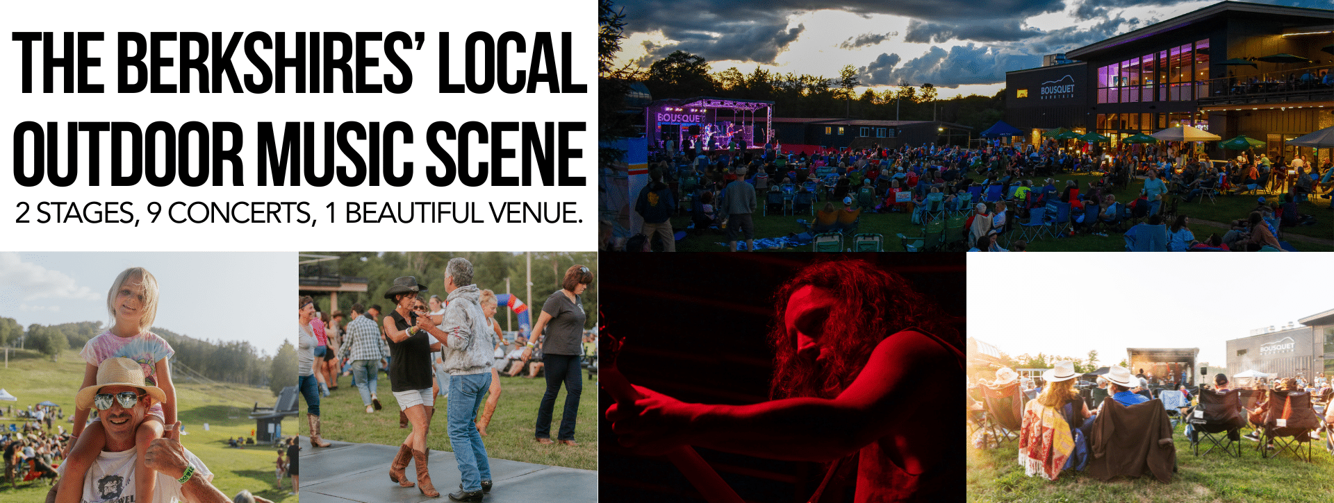 Bold header collage: 'The Berkshires' Local Outdoor Music Scene' with photos of festival crowds and performers across stages and lawn. Includes '2 stages, 9 concerts, 1 beautiful venue.'